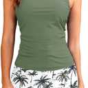 Daci Womens Tankini Swimsuits with Skirt - Two Piece Tummy Control Bathing Suits High Neck Swimwear (X-Large, Green Palm Tree)