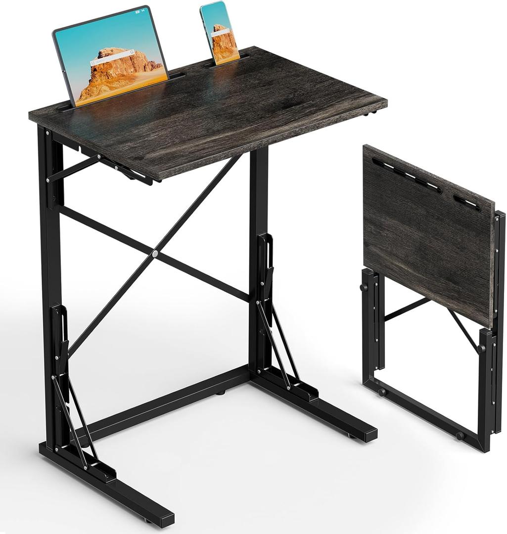 21''Wx28''H Folding TV Tray, Small Foldable C-Shaped End Table for Eating with Tablet and Phone Slots, Slide Under Couch Side Table for Recliner, Living Room, Bedroom, Deep Grey