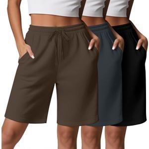 3 Pack Women's Bermuda Shorts High Waisted Knee Length Shorts with 3 Pockets Drawstring Casual Athletic SweatShorts (Black, Dark Gray, Brown)