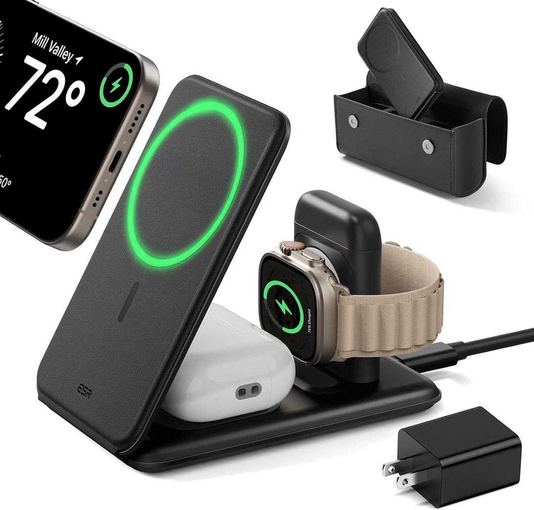 ESR 3 in 1 Charging Station for Apple, 15W MagSafe Charger Stand, MagSafe Travel Charger for iPhone 17/16/15/14/13/12 Series, Watch, AirPods, Black (Bag Included)