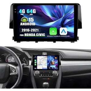 4G+64G Android 15 Car Stereo for Honda Civic 2016-2021 with Wireless Carplay Android Auto Factory Backup Camera Steering Wheel Control 9 Inch Touchscreen GPS Navigation WiFi Bluetooth FM