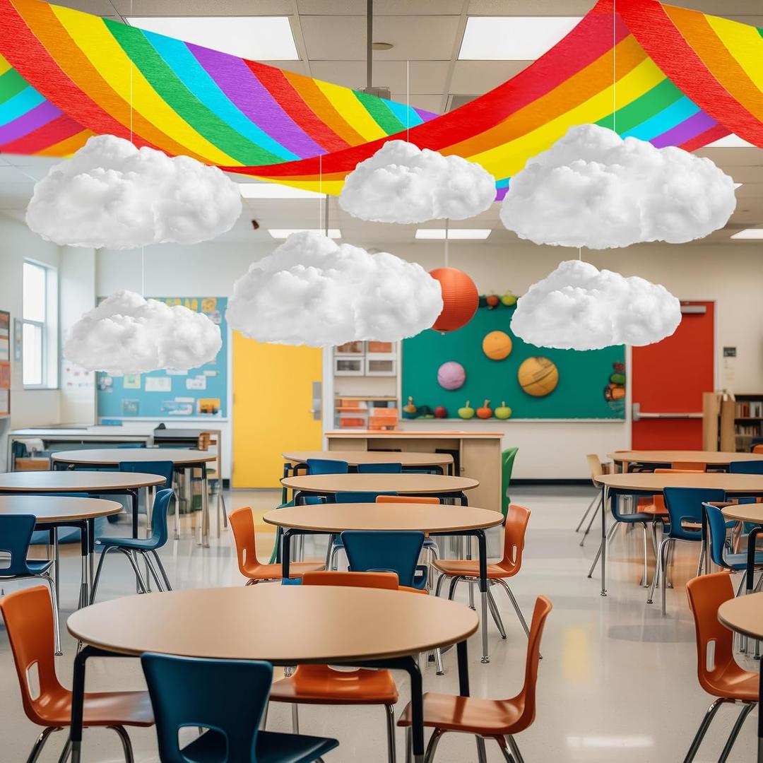 Blosssound 18 Pcs Rainbow White Cloud Ceiling Decor Include 12 Roll Colorful Wrinkled Paper 6 Pack Imitation Artificial 3D Cloud Props Classroom DIY Hanging Ornament for Birthday Party Daycare Nursery
