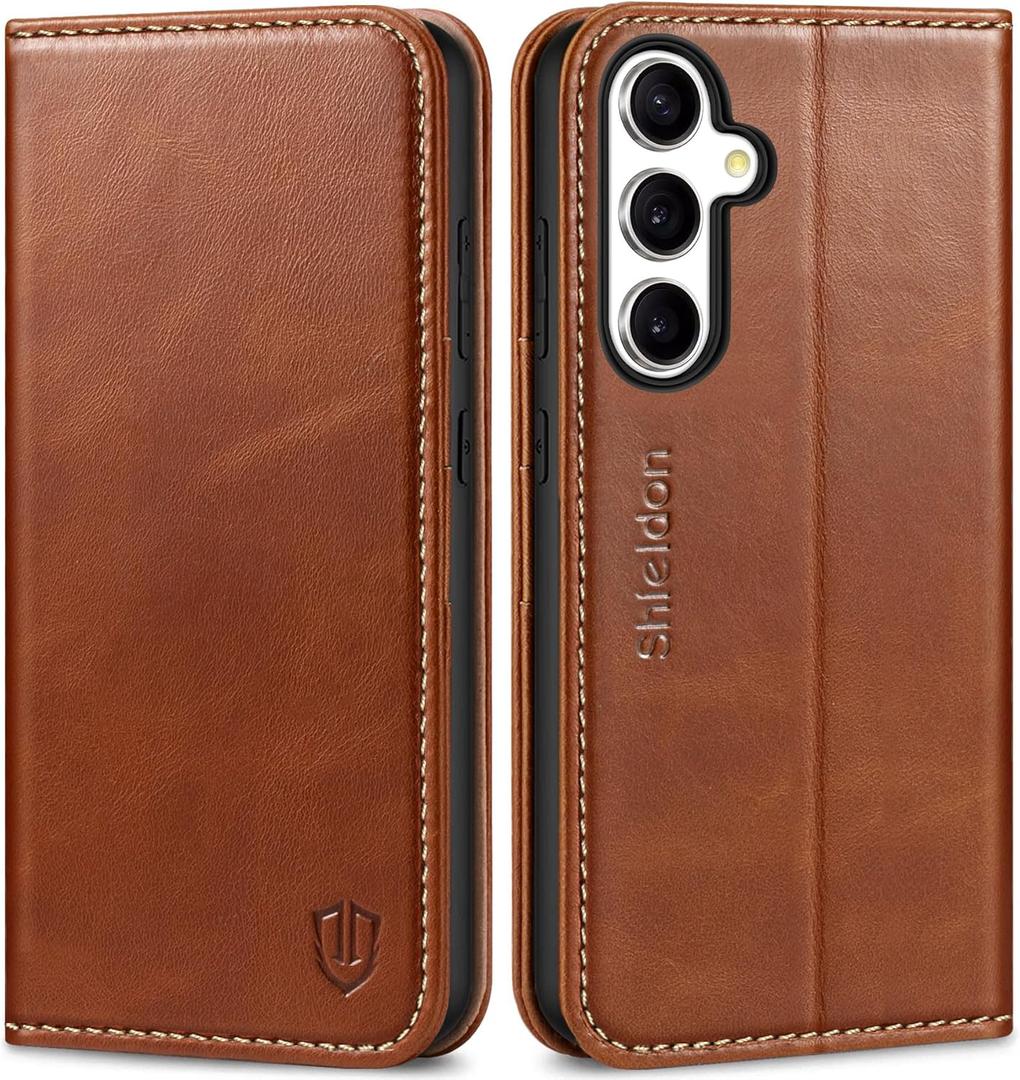 SHIELDON Wallet Case for Galaxy S24 FE 5G, Genuine Leather Wallet RFID Blocking Card Holder Kickstand Magnetic Folio Protective Case Compatible with Galaxy S24 FE - Retro Brown