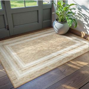 OJIA Modern Bordered Washable Rug 3'x5', Printed Non Slip Rug for Living Room Soft Bedroom Entry Mat Non-Shedding Accent Carpet Indoor Door Mat Small Carpet for Entryway Kitchen Bathroom Office (Beige)