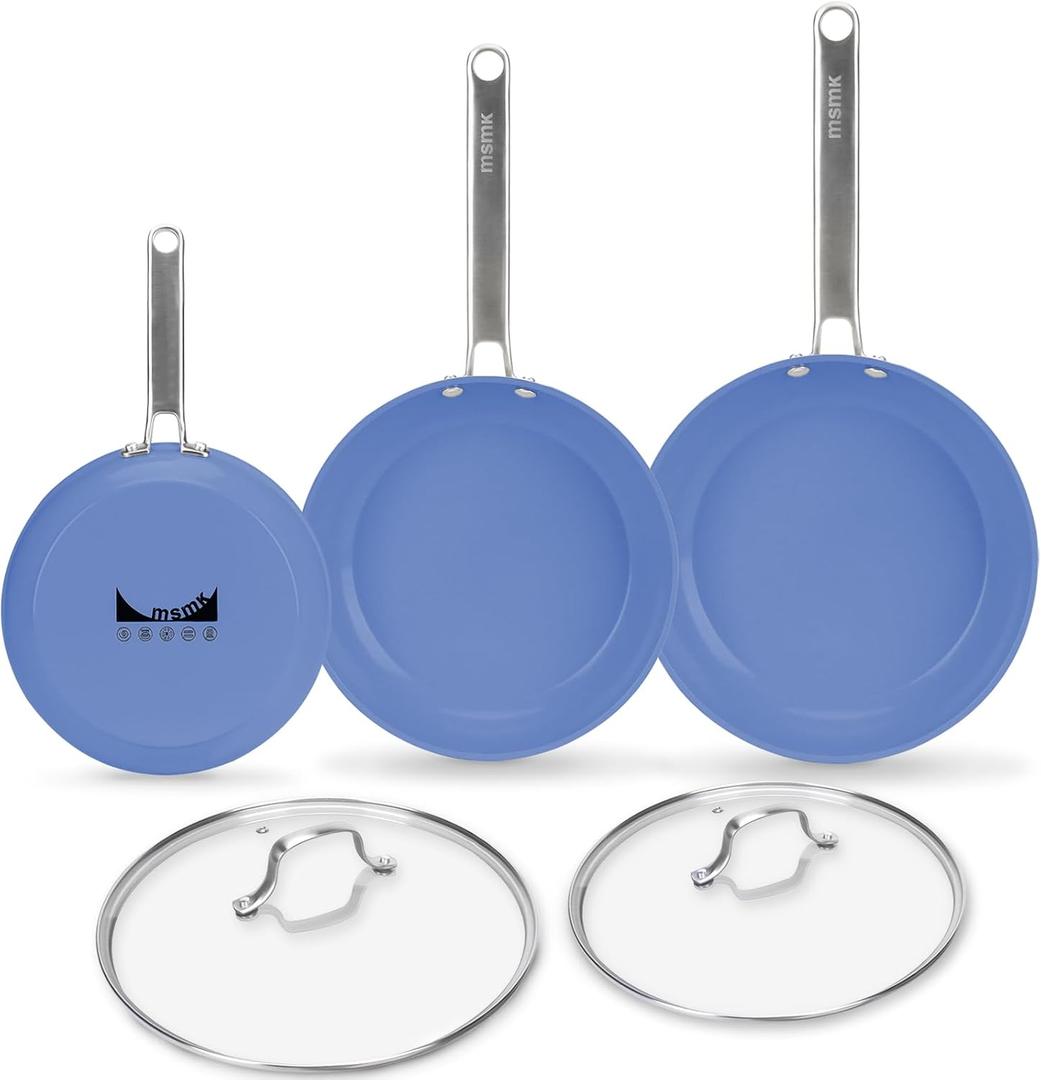 MsMk 5PCS Ceramic Nonstick Frying Pan Set with Lid (8"+10"+12"), Blue