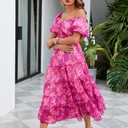 ABYOVRT Women Floral Maxi Dress Short Puff Sleeve V Neck Bohemian Flowy Dress Smocked Casual Spring Summer Dresses (Pink, M)