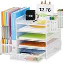 Lavatino Desk Organizer with File Holder, 5-Tier Paper Letter Tray Organizer with Sliding Drawer and 2 Pen Holder, Mesh Desktop File Organizer for Office Supplies, White