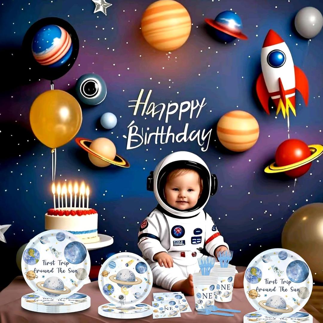 JOYHAPISTAR 120 PCS First Trip Around the Sun 1st Birthday Party Supplies for Boy, Outer Space Party Paper Plates Napkins Forks Tableware Birthday Party Decorations Serve 24 guest