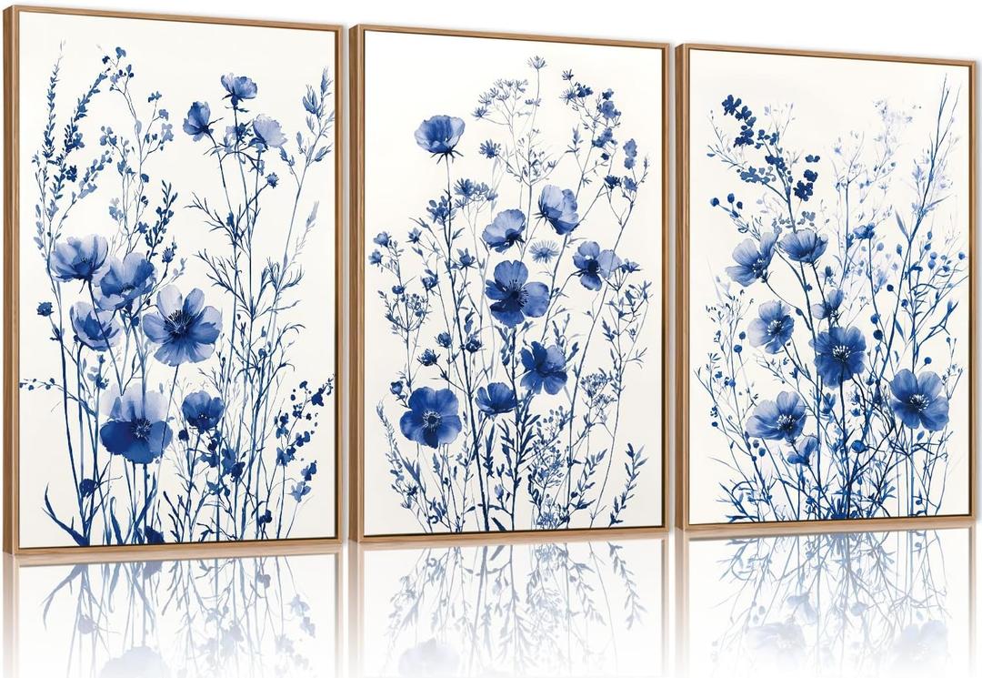 FWIEXA Blue White Wildflower Canvas Wall Art Set of 3, Framed Navy Chinoiserie Watercolor Botanical Pictures Wall Decor, Minimalist Floral Paintings Artwork, 24x36In Florals Prints for Living Room, Bedroom, Bathroom