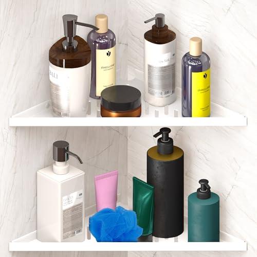 IReef way Corner Shower Shelf for Inside Shower - Adhesive/Stick/Drill/No Drill - Floating Strong 14" White Corner Shower Shelves for Bathroom, Tiled Wall, Caddy Organizer, Kitchen, Shower