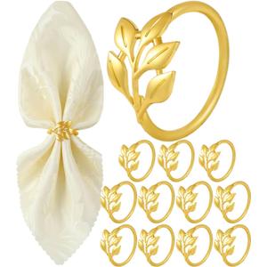 Napkin Rings Set of 12, Shiny Gold Napkin Rings, Smooth, Easy Care, Solid Zinc Alloy Leaf Shaped Elegant Table Decor, Stylish Napkin Ring Bulk for Holidays Wedding, Party, New Homes Gift