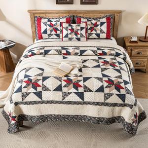 Star Patchwork Quilt Set Cal King Size Country Comforter 100% Cotton Reversible Breathable Geometric Quilted Bedspread with 2 Pillow Shams +1 Throw Pillow Cover