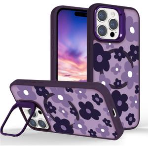 for iPhone 16 Pro Flower Case with Kickstand, Compatible with MagSafe, Built-in Camera Ring Stand, Strong Magnetic Translucent Matte Frosted Slim Cover for Girls Women Teens, Purple Floral