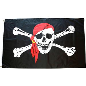 3x5 Pirate Flag Jolly Roger with Red Bandana and with Crossed Bones, Made with 100% Polyester Fabric, Double Stitched Edges, and Two Resilient Brass Grommets, Pirate Flag Skull