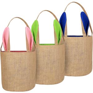 TOPLEE 3 PCS Easter Eggs Hunt Basket for Kids Canvas Bunny Basket Egg Bags Rabbit Fluffy Tails Party Celebrate Decoration Gift Toys Carry Bucket Tote