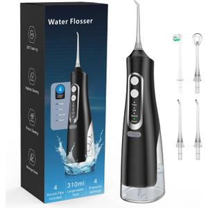 Water Flosser for Teeth Cleaning 4 Modes Rechargeable Oral Irrigator 4 Tips Powerful Battery Life Water Dental Picks IPX7 Waterproof 310ML Water Tank (Black)