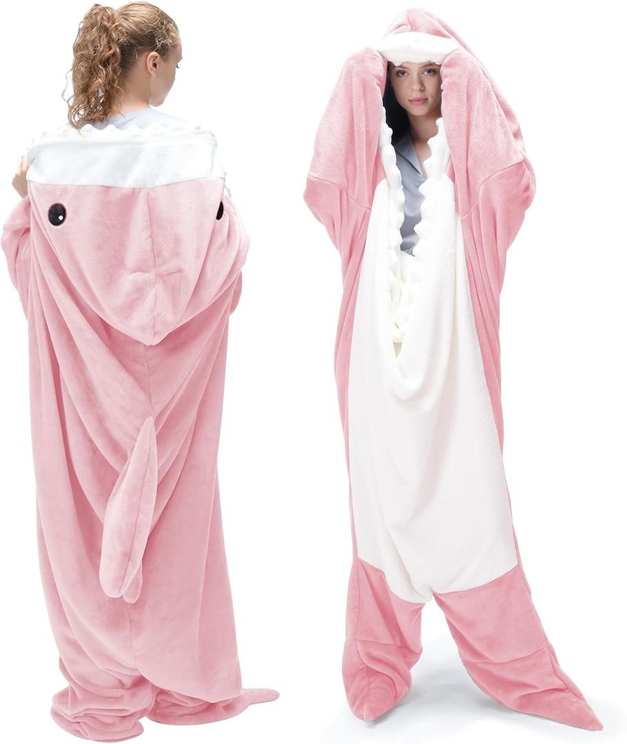 Touchat Shark Blanket Hoodie Onesie, Wearable Blankets Hoodie Adult, Warm Flannel Throw Blanket Tail Sleeping Bag, Cartoon Costume Shark Onesie Funny Gifts for Adults (Pink,M) (Medium, Pink)