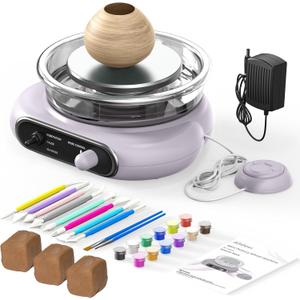 Alldeer Mini Pottery Wheel Kit - 4.7" Turntable Electric Clay Wheel with Foot Pedal, Adjustable Speed Ceramic Making Machine with 8 Pottery Shaping Tools, Craft Kits for Kids (purple)