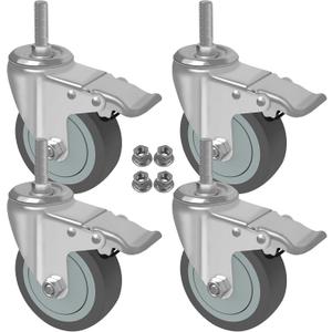 AAGUT 5 Inch Locking Swivel Casters 1/2"-13 x 1.5 Threaded Stem Wheels with Brake Grey TPR Rubber Wheel Set of 4