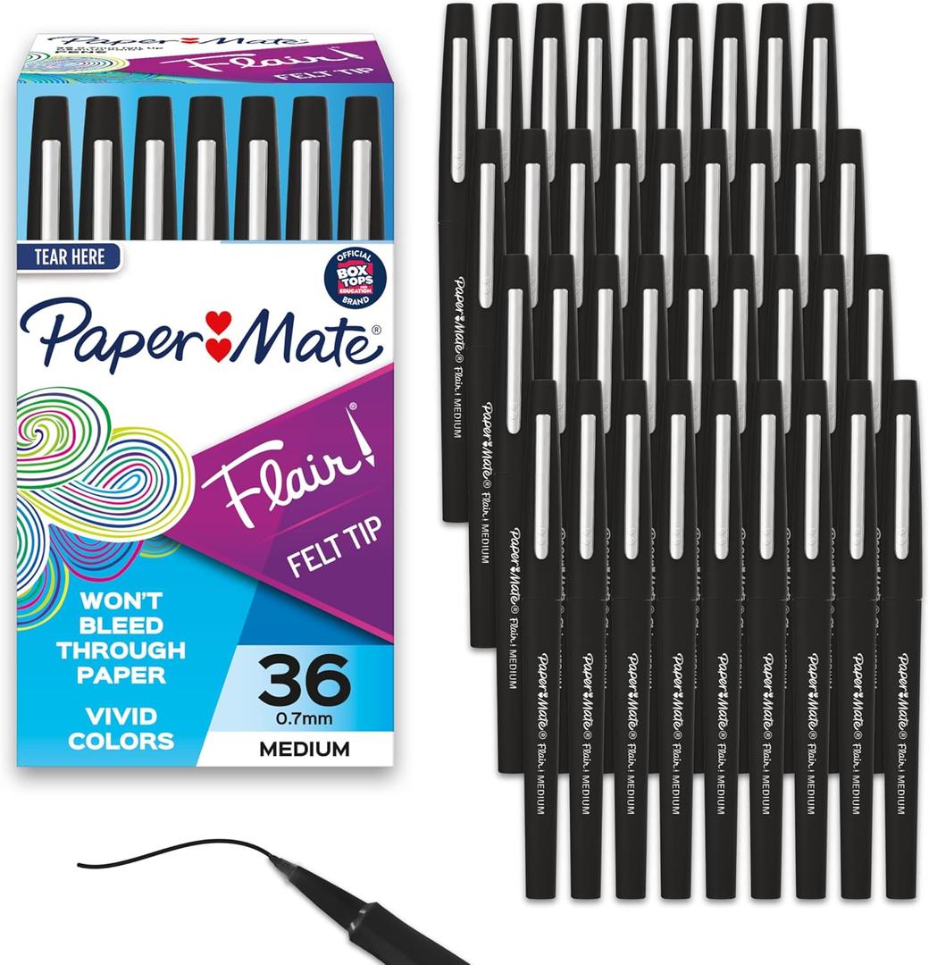 Paper Mate Flair Felt Tip Pens, Medium Point (0.7mm), Black, 36 Count - Office Supplies