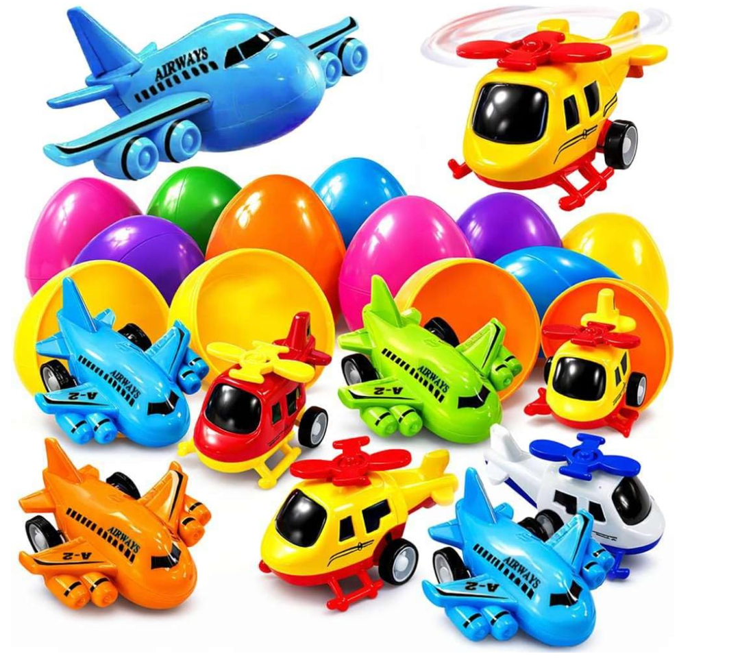 stargo 16 Pack Colorful Prefilled Easter Eggs bulk with toys  mini Aircraft, pullback Helicopters & Airplanes. Plastic Easter Eggs Filled, Basket Fillers Egg Hunts, Party Favors, Boys Goodie Bags