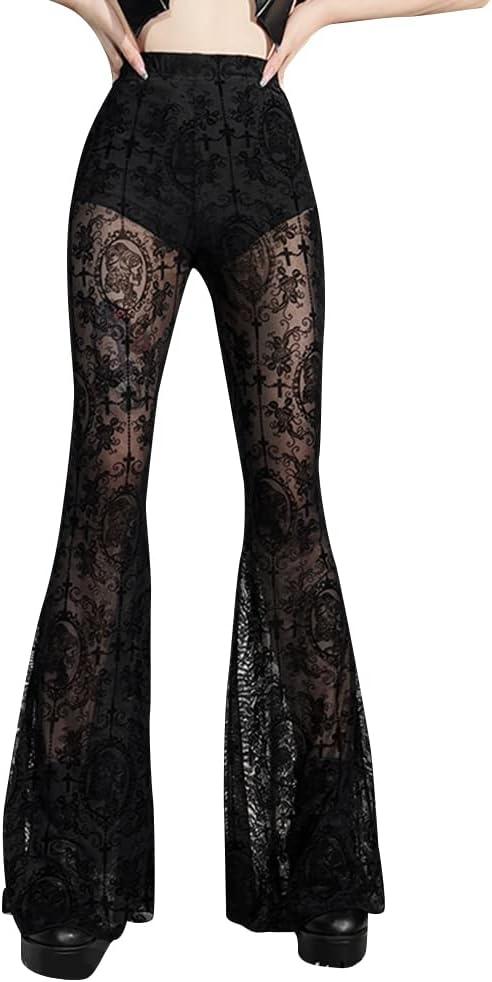 Gothic Black Pants Grunge Bottoms High Waisted Boho Hippie (Medium, Alt Flared Pants for Women Black Mesh Sheer)
