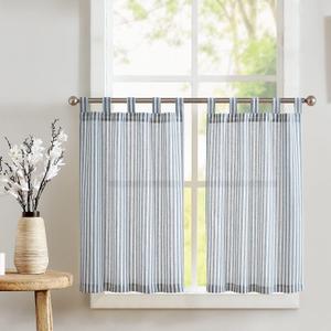 jinchan Tab Top Linen Kitchen Curtains 36 Inch Striped Tier Curtains Ticking Stripe Small Drapes for Living Room Bathroom Cafe Small Window Farmhouse Rustic Pinstripe Rod Pocket 2 Panels Blue
