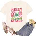Christmas Shirts for Women Merry and Bright Tshirts Merry Christmas Shirt Xmas Holiday Tee Tops (Large, Cream)