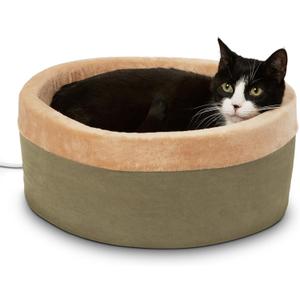 K&H Pet Products Heated Cat Bed for Indoor Cats, Dogs, and Pets - Round Walled Thermo-Kitty Bed with Removable Waterproof Cat Heating Pad, Machine Washable, MET Safety Listed - Small 16" Sage