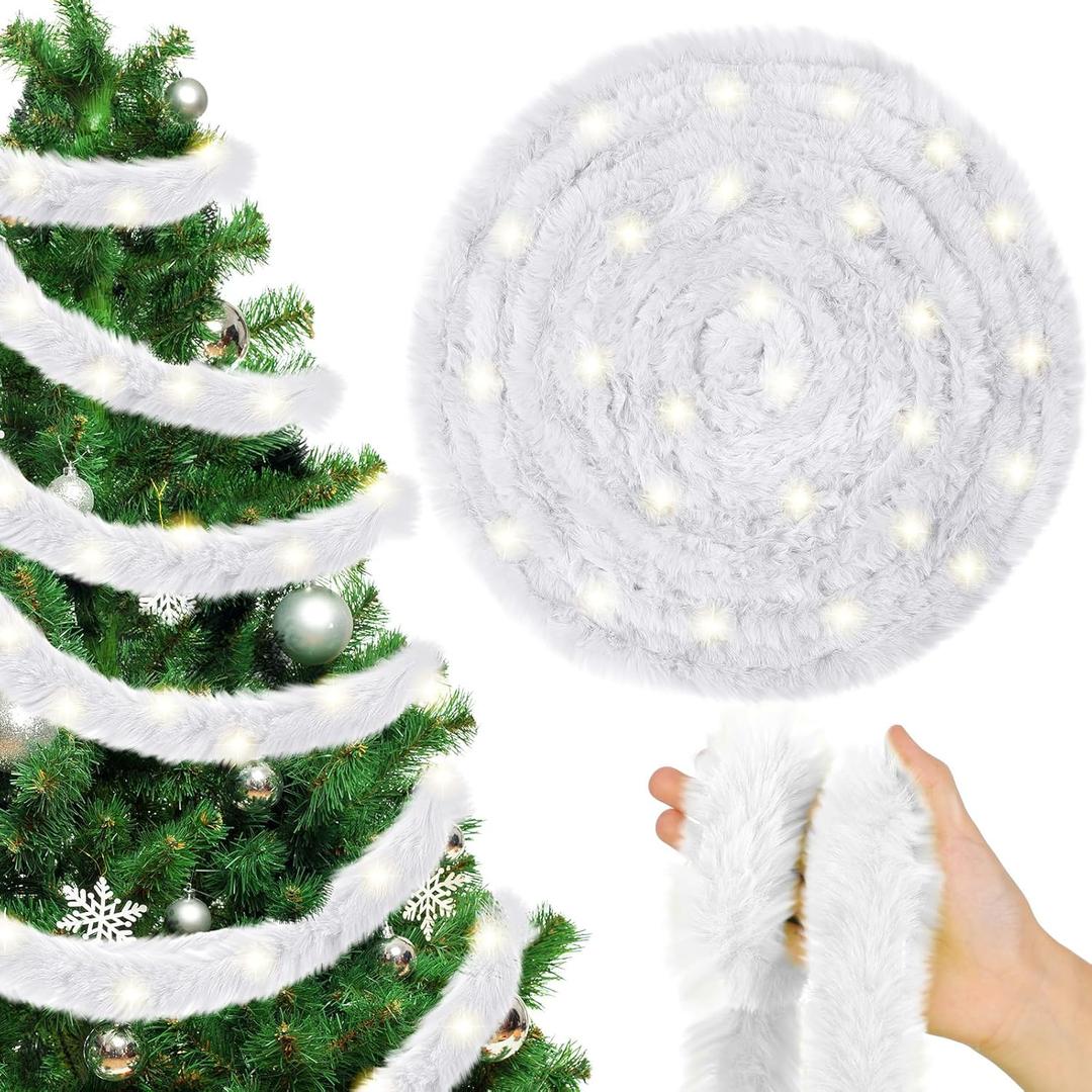 Jutom 50 Ft Christmas Tree Decoration Fur Garland LED Lighted White Faux Ribbon Trim Artificial Furry Stripe Roll Garland for Xmas Holiday Winter Indoor and Outdoor Decoration