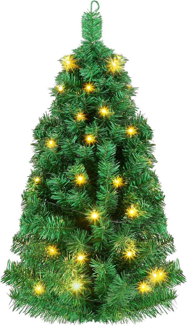 Poen 35 Inches Wall Mounted Christmas Tree - Artificial Xmas Tree with 50 LED Lights and Battery Case - Lighted Wall Decor for Home, Office, Apartment, Party Decorations