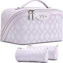 BOYATU Travel Makeup Bag for Women: Large Capacity 3-Piece Quilted Cosmetic & Toiletry Organizer - 2 Detachable Pouches Expand Storage by 50%, Open Flat for Easy Packing, Waterproof PU Leather(Purple)