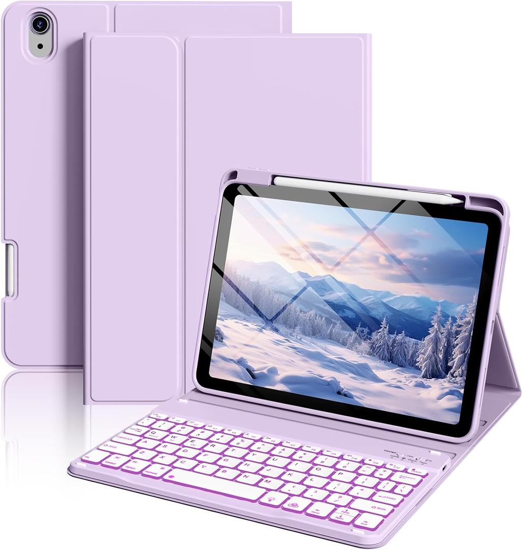 Keyboard Case for iPad (A16) 11th Generation 11 Inch 2025, iPad 10th Generation 10.9 Inch 2022, Smart Folio Cover with 7 Colors Backlit Wireless Detachable Keyboard, Auto Sleep Wake, Purple