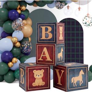 Amyhill Set of 4 Blue Red Baby Shower Boxes with Letters Bear Themed Baby Shower Decorations 11.8'' Horse Bear Theme Gender Reveal Blocks for Birthday Decor Backdrop Photo Prop Supplies