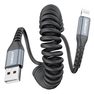 SUNGUY Coiled USB A to Lightning Cable, 5FTExtendable: 1.3-3.3FT MFi Certified iPhone Charger CarPlay Cable for iPhone 14/13/12/11 Pro Max/XS MAX/XR/XS/iPad/iPod