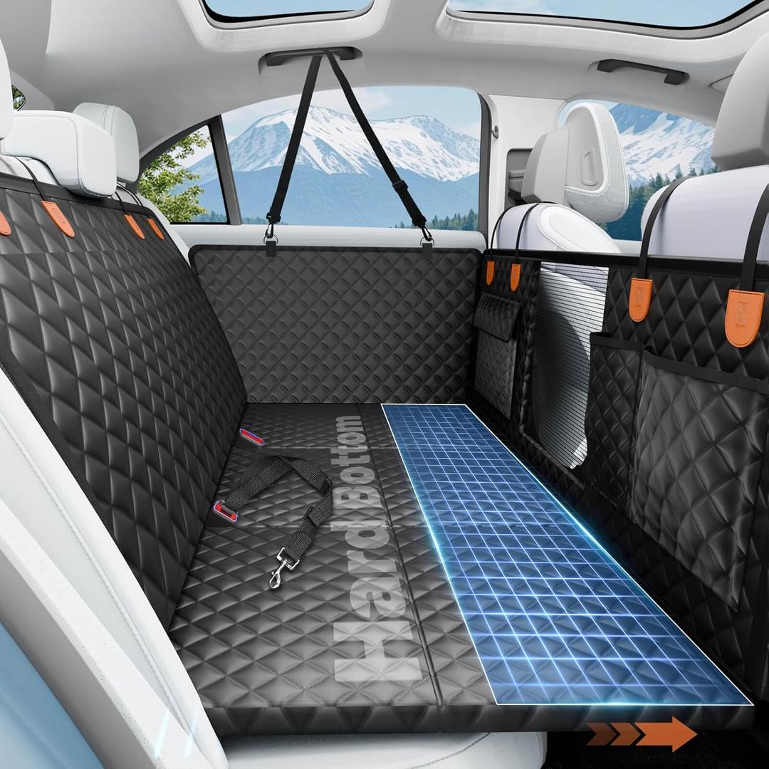 Dog Car Seat Cover for Back Seat with Hard Bottom,Waterproof Back Seat Extender for Dogs,Dog Hammock Dogs Bed for Cars, SUVs,Pet Seat Cover for Back Seat Holds 400lbs with Mesh Window & Pocket (Orange Black)