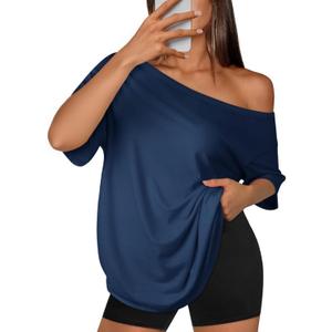ATHMILE Off The Shoulder Tops for Women 2026 Y2K Loose Fit Tops Oversized Tshirts Fashion Going Out Outfits Casual Basic Tees (Large)