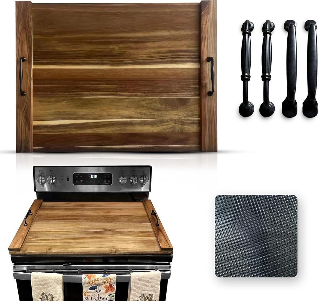ILALO HEARTH & HOME - Premium Acacia Wood Noodle Board Stove Cover - 29"x21" Multifunctional Stovetop Cover with 2 Sets of Handles & Non-Slip Pads - Ideal for Gas & Electric Stoves