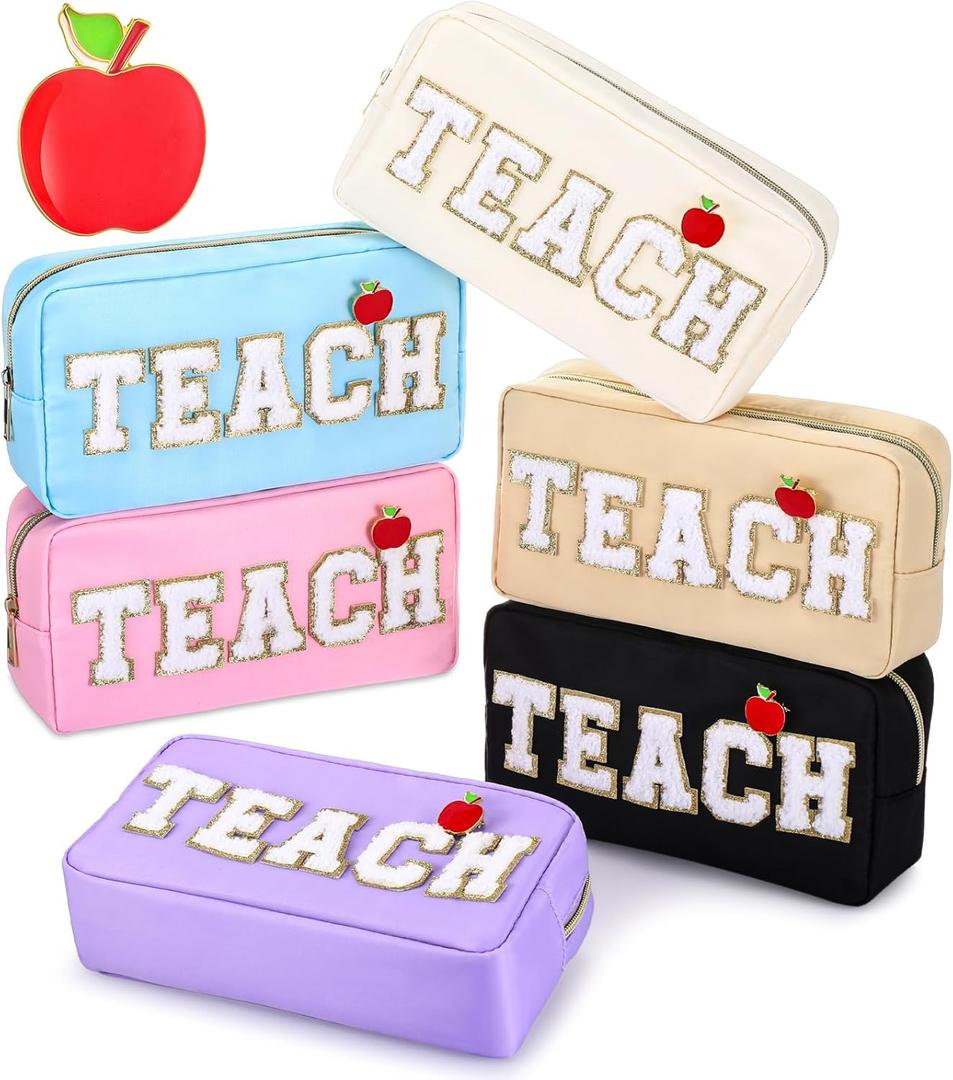Kacctyen 6 Pcs Teacher Appreciation Gifts Teach Bags Bulk Chenille Makeup Bag Pouch Zipper Cosmetic Bag with 6 Pcs Preppy Apple Pins for Students Teacher Women School Graduation Retirement Gifts (Multicolor)