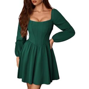 Scarlet Darkness Fall Long Sleeve Mini Dress Fishbone Renaissance Corset Dress (8, Green)