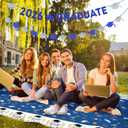 Navy-Blue White-Silver Party-Decoration Graduation Banner - 8pcs Kits Cap Garland Streamers, Paper Tissue Pom Poms Flowers, 2026 Craduate Banner Congratulations Grad Decor Lasting Surprise