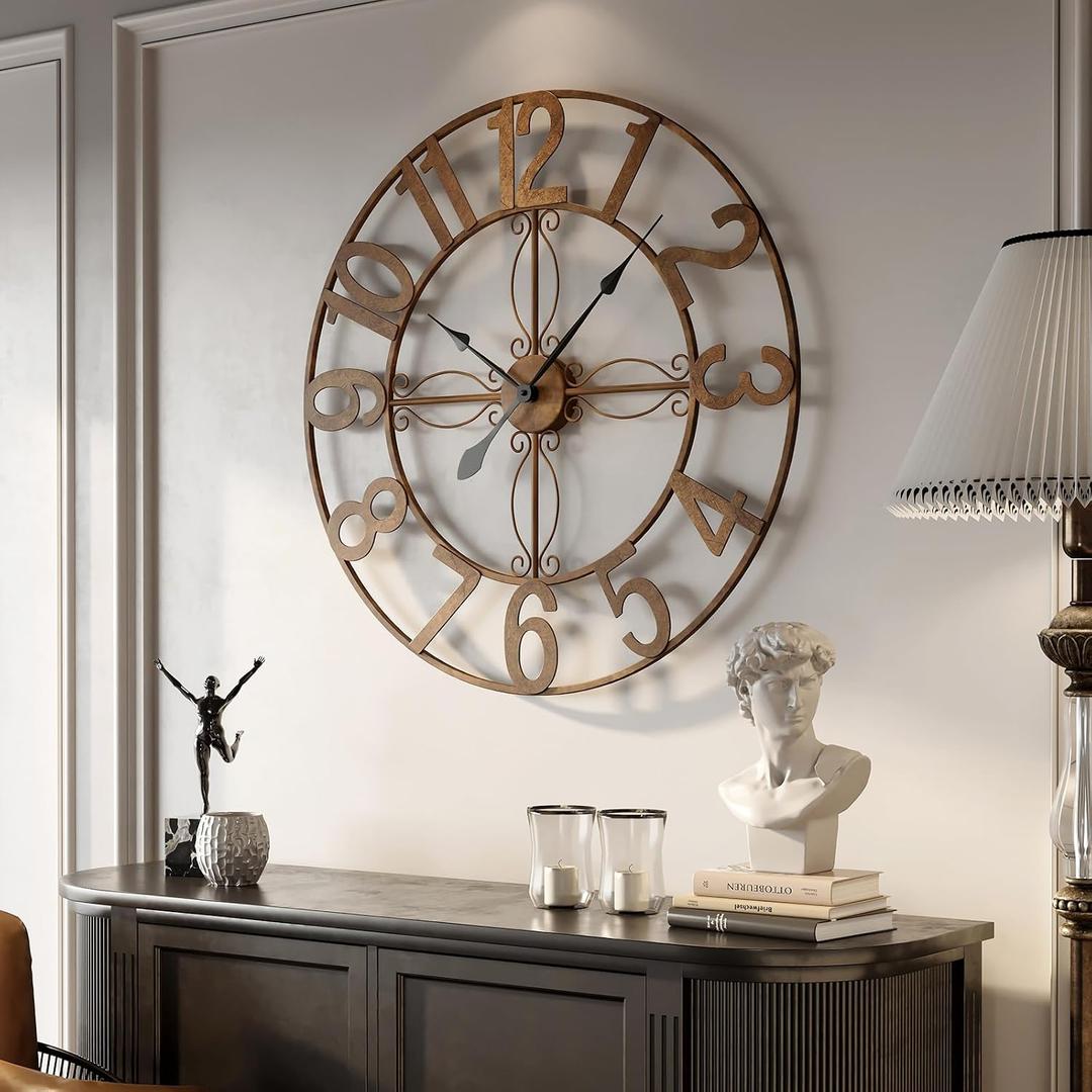 Cuspin Large Wall Clock, 36 Inch Decorative Wall Clock for Living Room Kitchen Mantel, Silent Non-Ticking Battery Operated Metal Round Arabic Numerals Analog Bronze Wall Clock