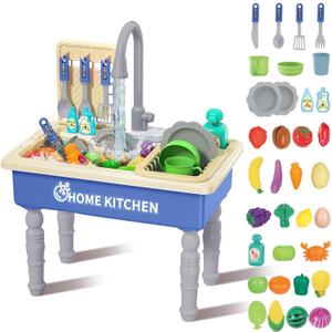 deAO Play Kitchen Toy Sink Toys with Cutting Food,Dishwasher Playing Toy with Running Water, Role Playing Game Pretend Food,44 PCS Kitchen Accessories Set for 3 4 5 Years Old Girls Boys Blue
