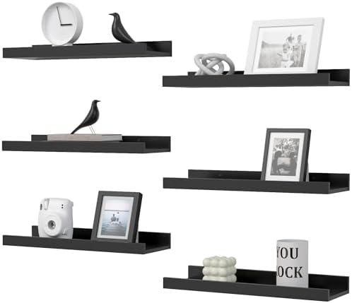 DOLLFIO Floating Shelves Set of 6, Black Wall Shelves with Lip, Display Shelves for Wall Decor, Modern Picture Ledge for Living Room, Bedroom, Nursery, Bathroom, Pictures, Books, Plants- Black