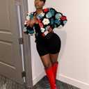 Angsuttc Women's Cropped Floral Bomber Jacket Puff Sleeves Lightweight Fleece Shacket Button Down Varsity Coat Outwear (Black&blue)