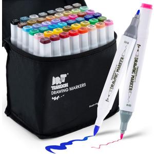 TRANSON Alcohol Markers for Drawing Coloring 48 Colors Dual-tip Fine and Brush Tips