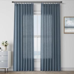 Dark Blue Pinch Pleat Linen Curtains 84 Inch Length 2 Panels Set for Bedroom Dinging Room Semi Sheer Boho Farmhouse Neutral Window Curtains 84 Inches Long for Living Room Nursery 40x84