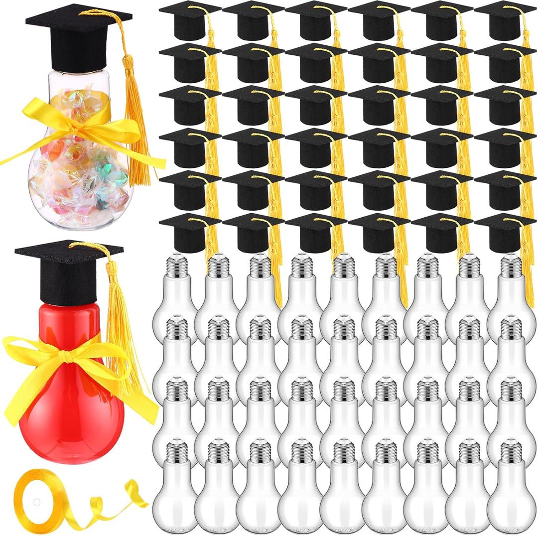 73 Pcs/36 Sets 2025 Graduation Plastic Light Bulb Jars 5 oz Candy Gift Ready Empty Light Bulb Jar Bottle with Graduation Cap and Tassel 24 yd Ribbon Candy Box Container Bulk for Grad Party Favors