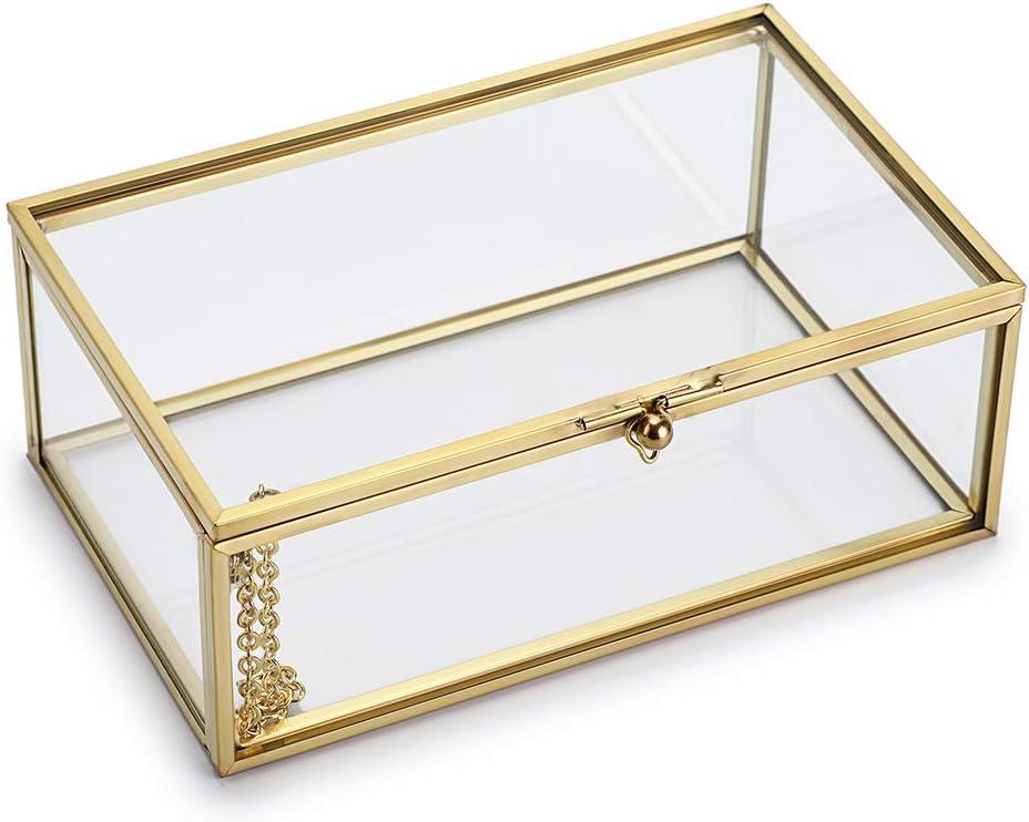 Hipiwe Vintage Glass Keepsake Box, Rectangle Jewelry Display Organize Vanity Lidded Box Home Decor Accent Decorative Box for Storage Trinket Rings Bracelet (Small, Gold)
