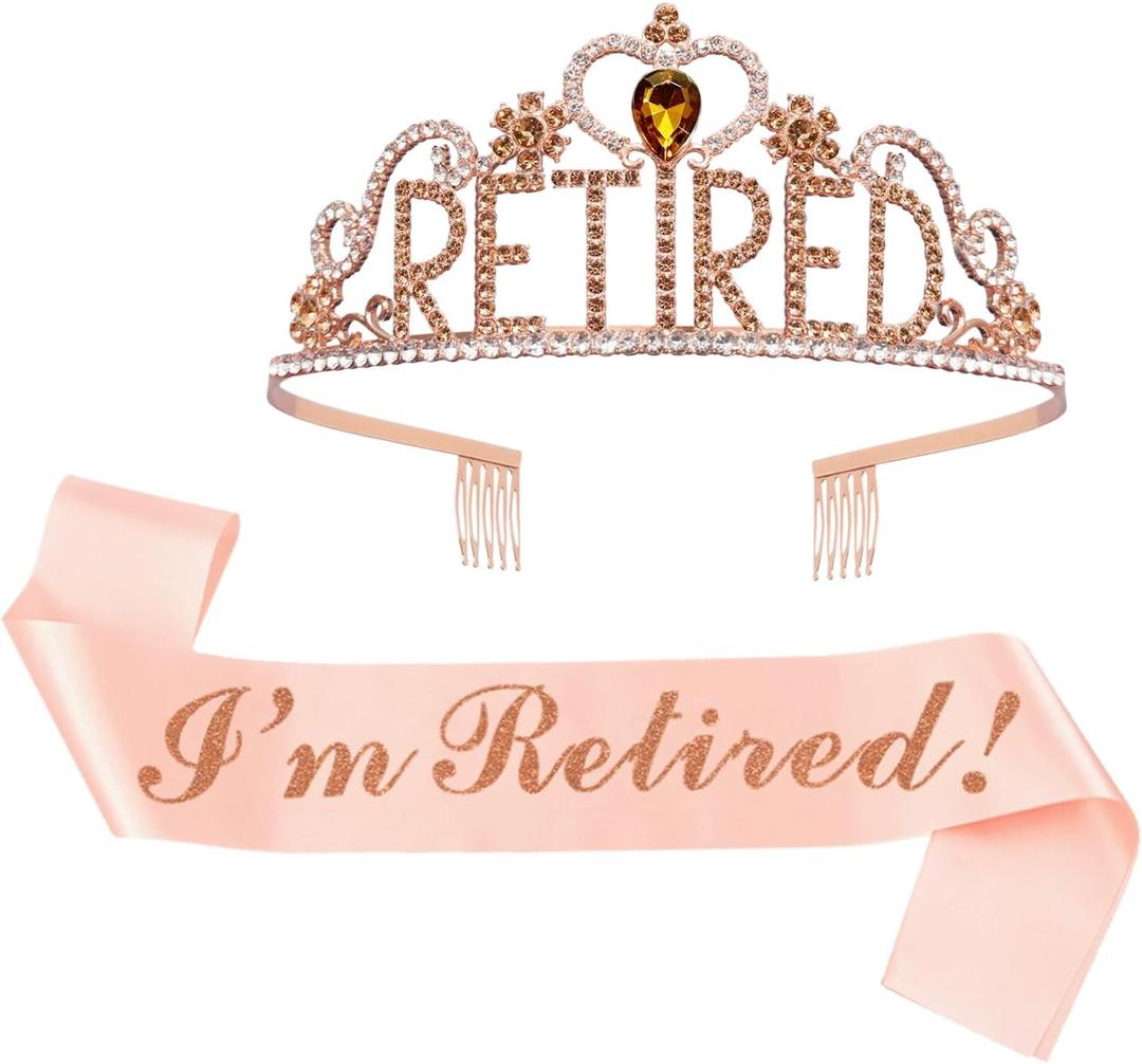 JETKONG Retirement Party Decorations Retired Tiara/Crown, Retired Sash for Women Retirement Gifts, Retirement Party Supplies, Gifts, Favors (Rose Gold)
